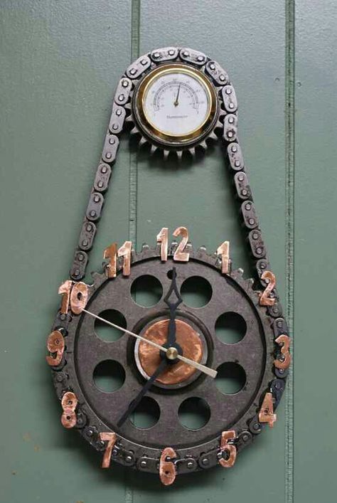 Cool! For more great pics, follow www.bikeengines.com Car Part Furniture, Car Furniture, Cool Clocks, Diy Metal, Scrap Metal Art, Scrap Metal, Welding Projects, Art Metal, Metal Artwork