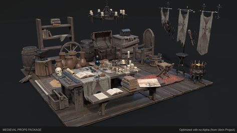 ArtStation - Medieval Props Package, Ryszard Lembas Zbrush Environment, Medieval Interior, Medieval Props, Fantasy Furniture, Magic Props, Props Art, 3d Concept, Medieval Houses, Fantasy Props