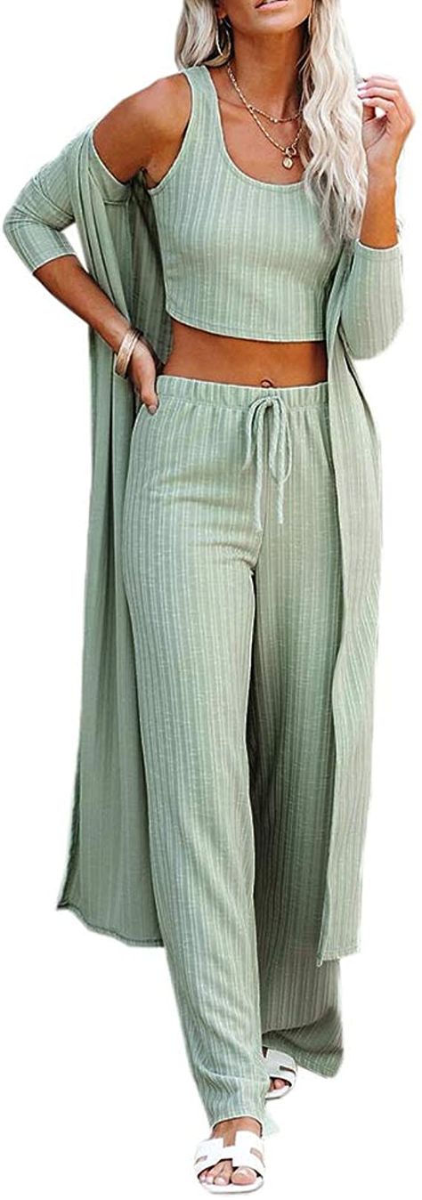 Womens Lounge Set Cute Tank Top Wide Pants and Kimono Coat Knit Jumpsuit Casual 3 Piece Outfit Light Green at Amazon Women’s Clothing store Cute Lounge Sets, Lounge Sets For Women, Womens Lounge Set, Best Loungewear, Knit Lounge Set, Womens Pajamas, Kimono Coat, Vest Crop Top, Cardigan Crop Top