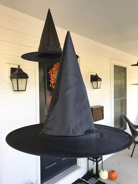 DIY Floating Witch Hats | R&R at home Witch Hat Hanging, Floating Witch Hats, Halloween Porches, Diy Witch Hat, Floating Witch, Halloween Signs Diy, Cheap Halloween Diy, Fun Diy Halloween Decorations, Ghouls Night