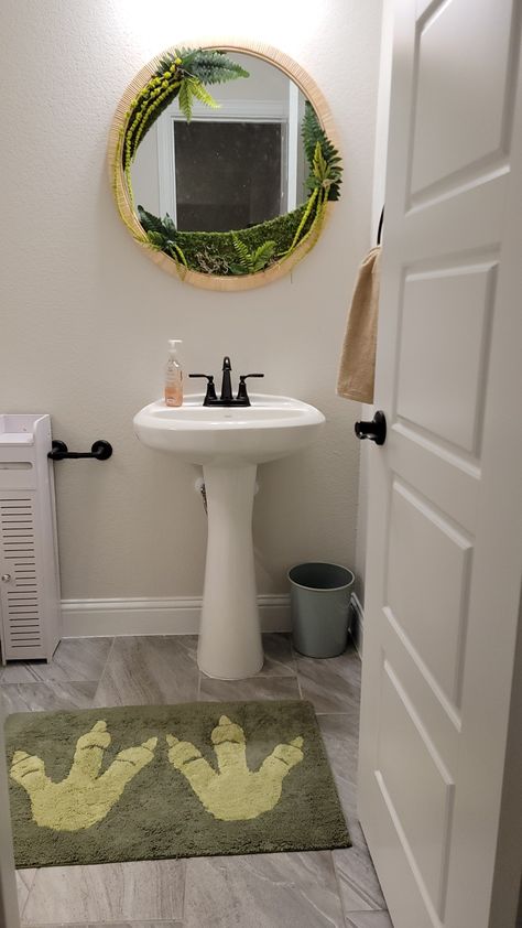 Start of my dinosaur bathroom transformation. Dinosaur Theme Bathroom, Dino Bathroom Ideas, Dinosaur Themed Bathroom, Dinosaur Bathroom Decor, Jurassic Park Bathroom, Dinosaur Bathroom Ideas, Sibling Bathroom, Toddler Boy Bathroom, Dinosaur Mirror