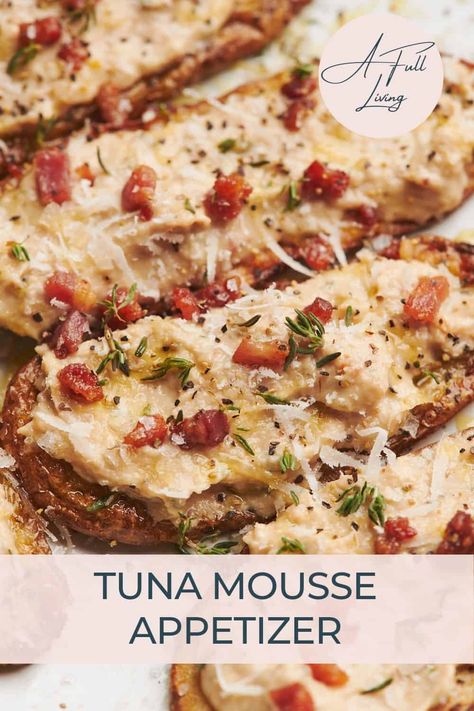 This Tuna Mousse Appetizer is rich and creamy, on top of a roasted potato base with crispy pancetta, herbs, ricotta, and parmesan cheese. Ideal for holiday gatherings! Tuna Mousse Recipe, Tuna Mousse, Whipped Ricotta Recipe, Crispy Pancetta, Roasted Potato, Ricotta Recipes, Tuna Sandwich, Mousse Recipes, Crispy Potatoes