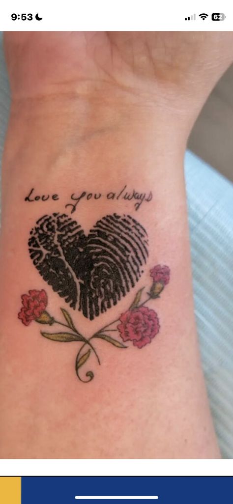 Wife Memorial Tattoos, Significant Other Tattoos Ideas, Mom Memory Tattoos Daughters, Fingerprint Tattoo For Men, Fingerprint Tattoo With Flowers, Heartbeat Tattoo Memorial Dads, Losing A Brother Tattoo, Memorial Tattoo For Multiple People, Finger Prints Tattoo