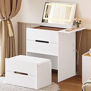 LIKIMIO 3 in 1 Vanity Desk with Plip Top Mirror, LED Light & Power Outlet Small Make Up Vanity Set with Visible Glass Desktop, Compact Makeup Vanity with 3 Drawers, Dressing Table for Bedroom, White Hidden Vanity Ideas, Flip Top Vanity, Makeup Organization Ideas Small Spaces, Small Vanity Ideas, Dressing Table For Bedroom, Preppy Dorm Room Decor, Vanity Nightstand, Simple Vanity, Preppy Dorm Room