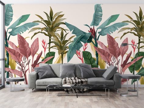 Motif Jungle, Banana Leaf Wallpaper, Tropical Wallpaper, Banana Leaves, Tropical Design, Wallpaper Living Room, Leaf Wallpaper, Exotic Plants, Banana Leaf