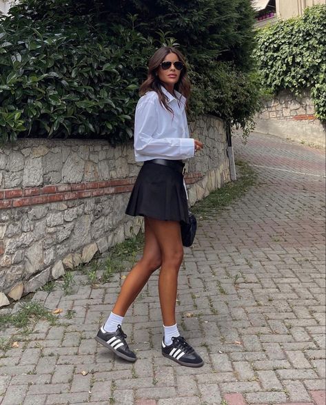 fashion outfits , fashion inspo outfits , fashion , fashion trends 2023 , outfits , outfit ideas summer , outfits aesthetic , outfit inspo summer , aesthetic clothes , ralph lauren , ralph lauren aesthetic , summer outfits 2023 , summer , celine , chanel shoes , chanel aesthetic , chanel looks , hermes aesthetic , hermes looks , looks , lookbook , streetwear fashion , street wear , street style , ootd , fall aesthetic , fall outfits , fall looks , hermes purse , hermes inspo , life inspo Black Samba Shoes Outfit, Tennis Skirt Outfit Street Style, Mum Fits, Fall Skirt Outfits, Adidas Samba Women, Fav Outfit, Looks Adidas, Black Tennis Skirt, Adidas Samba Outfit