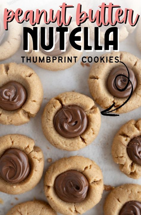 Peanut Butter Nutella Thumbprint Cookies  - Cookies for Days Peanut Butter And Nutella Cookies, Christmas Cookies Thumbprint, Nutella Thumbprint Cookies, Christmas Peanut Butter Cookies, Peanut Butter Nutella Cookies, Best Thumbprint Cookies, Peanut Butter Thumbprint Cookies, Peanut Butter Slice, Food Deserts