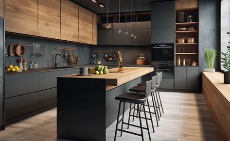 Anthracite Kitchen Ideas, Grey Modern Kitchen Cabinets, Dark Grey Kitchens, Charcoal And Wood Kitchen, Grey And Wood Kitchen Modern, Modern Light Grey Kitchen, Dark Grey And Wood Kitchen, Grey And Oak Kitchen, Grey And Wood Kitchen