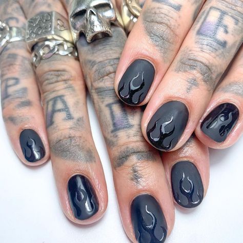 Nailpro on Instagram: “🖤🔥 Submit your matte/shiny combo nail art for our upcoming July/August 2022 issue for a chance to be featured by emailing…” Planet Nail Designs, Male Nails Black, Goth Nails For Men, Men’s Fall Nails, Nails Inspiration Men, Man Nail Art Designs, Men’s Nail Art Design, Mens Halloween Nails, Masculine Nails Designs