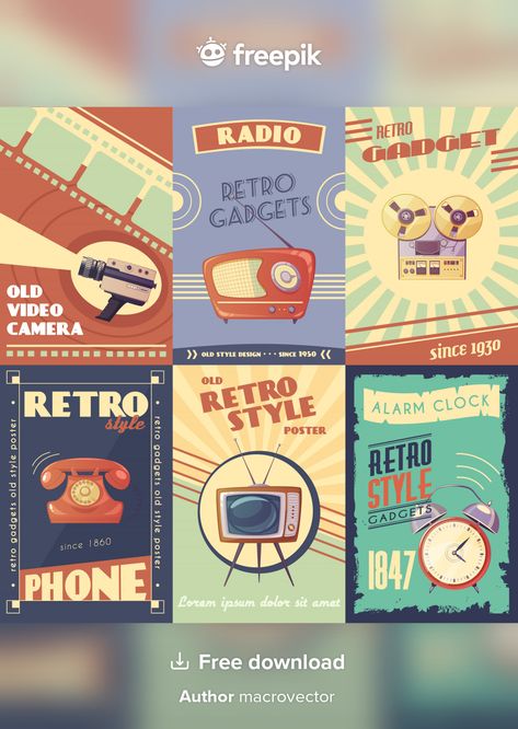 Retro gadgets cartoon posters with camer... | Free Vector #Freepik #freevector #background #banner #poster #vintage 80s Background, Clock Vector, Luxe Logo, Logo Luxe, Yellow Business Card, Logo Retro, Retro Gadgets, Comic Poster, Vintage Hipster