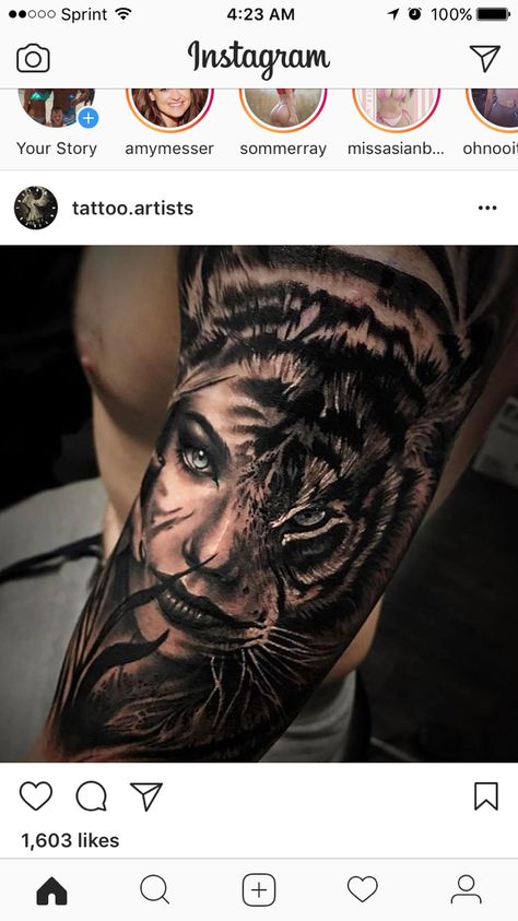 Women With Half Sleeve Tattoos, Half Lioness Half Woman Tattoo, Tiger Female Tattoo, Half Woman Half Animal Tattoo, Half Tiger Half Woman Tattoo, Half Woman Half Tiger Tattoo, Women Tiger Tattoo, Feminine Tiger Tattoo For Women, Human Face Tattoo