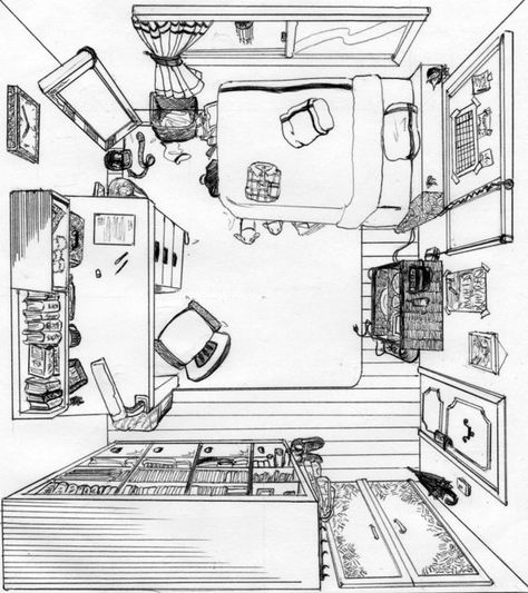 Messy Room Drawing Reference, Bedroom Illustration Drawings, Room From Perspective, Manga Room Drawing, Bedroom Reference Drawing, Messy Room Illustration, How To Draw Rooms, Messy Room Drawing, How To Draw A Room