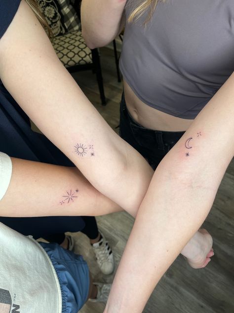 My Moon And Stars Tattoo, Family Moon Tattoos, Sun Moon Star Sister Tattoos, Sun Moon Stars Friendship Tattoo, Tattoo Ideas Sun Moon And Stars, The Sun The Moon The Stars Tattoo, Sun Moon And Stars Sister Tattoo, Sister Star Tattoos, Sun Moon Star Friend Tattoo