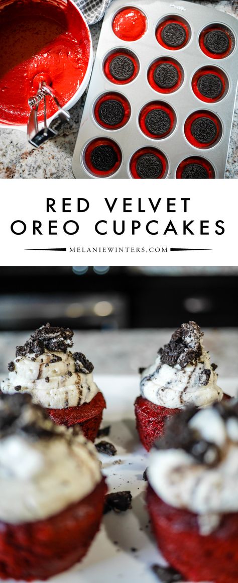 Red-Velvet Oreo Cupcakes — MELANIEWINTERS Red Velvet Oreo Cookies, Red Velvet Desserts, Red Velvet Oreo, Red Velvet Recipes, Oreo Cupcakes, Gourmet Cupcakes, Tart Baking, Semi Homemade, Velvet Cupcakes