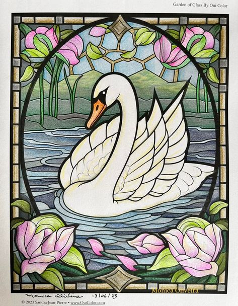 Hello Coloring Friends! 🎨✨ Get your copy of "Garden of Glass: A Whimsical Coloring Book of Stained Glass Bird and Flower Mosaics." now at www.OuiColor.com #coloringforadults #stainedglasspatterns #birds #flowers #coloringbooksforadults #coloringsheets #swan Swan Glass Painting, Bird Glass Painting, Creative Glass Painting, Creative Stained Glass Ideas, Stained Glass Swan, Flower Mosaics, Swan Drawing, Diy Stained Glass Window, Stain Glass Window Art