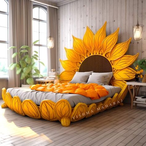 Sunflower Room Aesthetic, Sunflower Bedroom Ideas Diy, Bedroom Ideas Sunflower, Sunflower Bedroom Aesthetic, Sunflower Bed Frame Amazon, Sunflower Room, Sunflower Home Decor, Fantasy Furniture, Whimsical Furniture