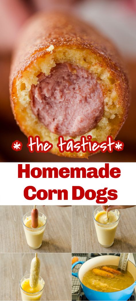 Corn Dogs Homemade Easy, Fair Style Corn Dogs, Corn Dogs With Pancake Batter, Making Corn Dogs, American Food Dinner Ideas, Diy Corndogs Homemade, Homemade Corn Dog Batter, Corn Dog Recipe Without Cornmeal, Corn Dog Charcuterie Board