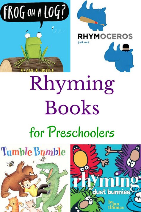 Check out these preschool books with an emphasis on rhyming. A great book list for helping kids develop phonological awareness. Books For Preschoolers, Rhyming Activities, Kindergarten Curriculum, Rhyming Books, Preschool Literacy, Read Alouds, Phonological Awareness, Homeschool Lesson, Rhyming Words