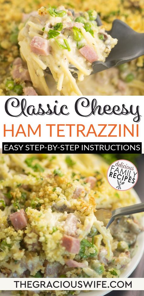 Ham Tetrazzini is a classic cheesy pasta casserole, loaded with ham, cheese, peas, and mushrooms and topped with a crispy breadcrumb topping. It's the perfect way to use up leftover ham! Ham Tetrazzini is classic family favorite, made with warm noodles, diced ham, and lots of gooey cheese. | @graciouswife #leftoverhamrecipes #Tetrazzini #easyfamilydinnerrecipes Ham Tetrazzini Recipe, Ham And Mushroom Pasta, Ham Tetrazzini, Ham Delights, Peas And Mushrooms, Cheese Peas, Breadcrumb Topping, Cheesy Ham, Ham Casserole