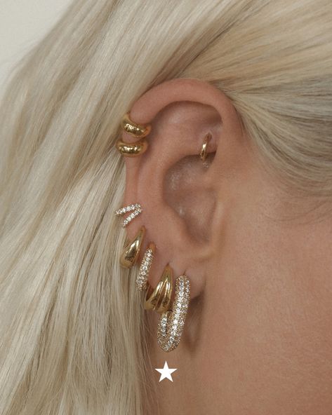 Different Piercings Ear, Piercings Aesthetic, Earring Stacks, Gold And Silver Earrings, Brand Earrings, Sensitive Ears Earrings, Earring Stack, Piercing Inspo, Pretty Ear Piercings