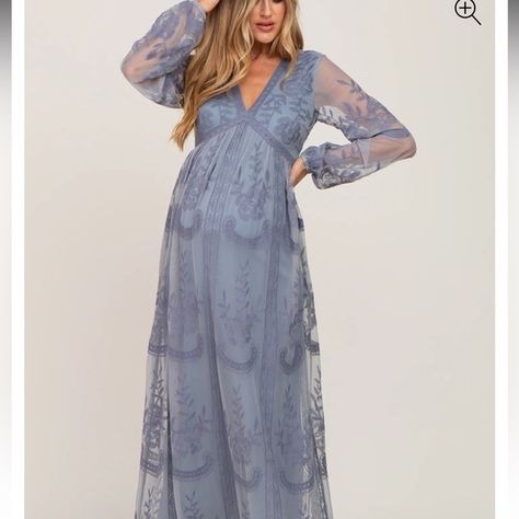 PinkBlush Blue Grey Lace Mesh Overlay Long Sleeve Maternity Maxi Dress Blue Baby Shower Dress, Blue Maternity Dress, Maternity Maxi Dress, Maternity Dresses For Photoshoot, Grey Lace, Maternity Maxi, Baby Shower Dresses, Photoshoot Dress, Shower Dresses