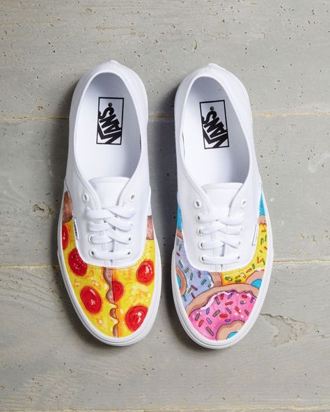 Shoes by 2018 Vans Custom Culture ambassador, Mike Atniel. Donut Shoes, Vans Painted, Vans Custom, Custom Vans Shoes, Painted Vans, White Canvas Shoes, Clothes Art, Creative Shoes, Hand Painted Shoes