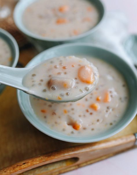 Taro Sago (Tapioca) Dessert Soup - The Woks of Life Chinese Dessert Soup, Taro Recipes Desserts, Taro Desserts, Taro Sago, Taro Dessert, Tapioca Dessert, Coconut Milk Dessert, Dessert Soup, Wok Of Life