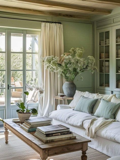 Green French Country Living Room, Fresh Traditional Living Room, Blue And Green Living Room Farmhouse, Sage And Beige Living Room, Sage Green House Interior Aesthetic, Cottage House Living Room, Cream And Green Aesthetic, Sage And Cream Living Room, Sage Green Decor Living Room