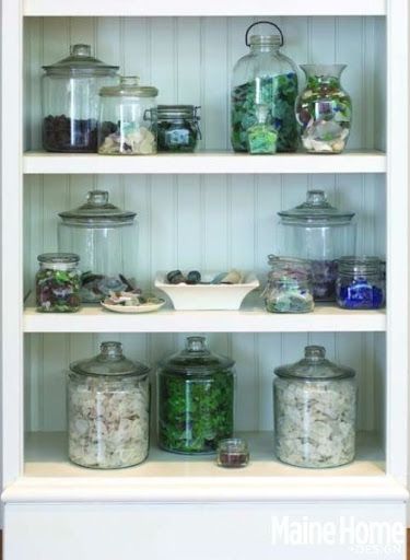 Seaglass Display in Glass Jars. Featured on Completely-Coastal.com Sea Glass Display, Rock Collection Display, Sea Glass Collection, Beach Glass Crafts, Bead Board, Beach Glass Art, Glass Art Projects, Shell Collection, Sea Glass Beach