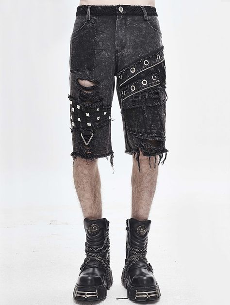 Punk Outfits Men, Punk Fashion Men, Gothic Fashion Men, Summer Goth Outfits, Summer Punk, Punk Shorts, Fabric Stitching, Gothic Pants, Punk Men