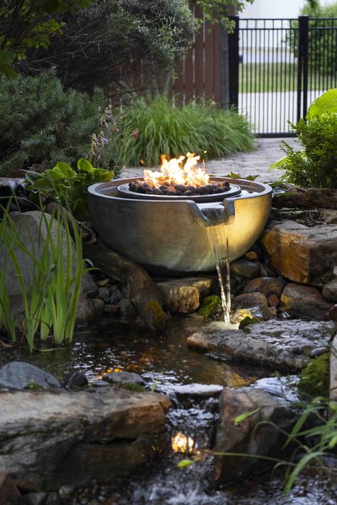 The Fire and Water Spillway Bowl combines elements for an impressive feature in the yard. Use in a pond or as a standalone recirculating fountain. Fountain In Landscape, Diy Fire And Water Feature Outdoor, Fire And Water Fountain, Water Gardens Backyard, Homemade Fountains, Water And Fire Feature, Backyard Water Features, Fire Fountain, Tudor Garden