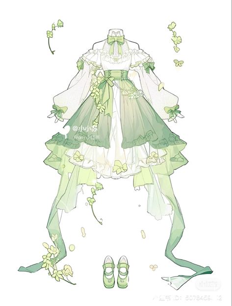 Plant Dress Drawing, Flower Dress Design Drawing, Green Dress Drawing, Flower Dress Drawing, Vtuber Outfit Ideas, Flower Dress Art, Nature Outfits, Elf Dress, Dress Design Drawing