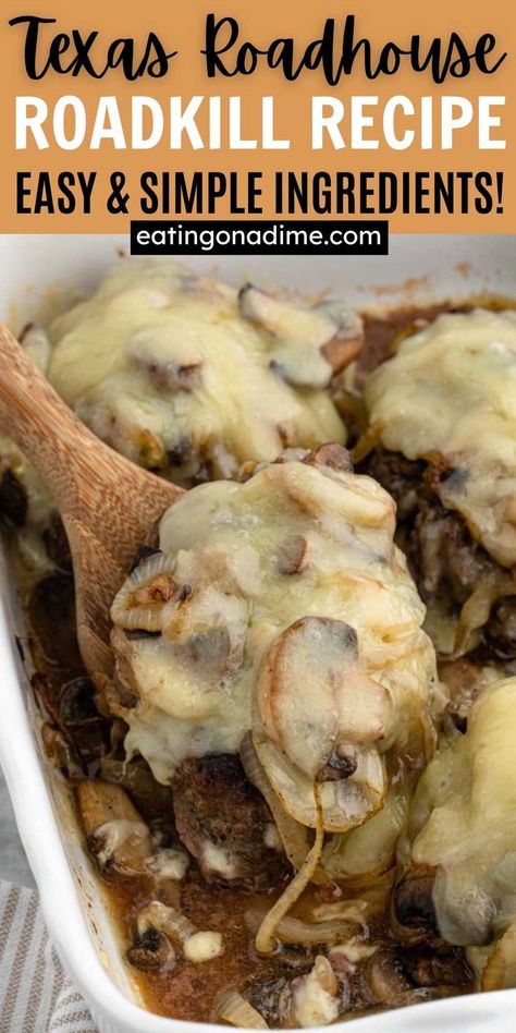 Homemade Texas Roadhouse Roadkill Recipe is a delicious hamburger steak smothered in a cheese, onions and sauce. This recipe easy to make. This copycat recipe is easy to make and taste amazing. The texture of the burgers is full of flavor and delicious. It is made with basic ingredients that you can easily find at the store. #eatingonadime #texasroadhouseroadkill #copycattexasroadhouserecipe Texas Roadhouse Roadkill, Chopped Steak Recipes, Hamburger Meat Recipes Easy, Hamburger Steak Recipes, Chopped Steak, Simple Family Meals, Hamburger Steak, Hamburger Meat Recipes, Texas Roadhouse