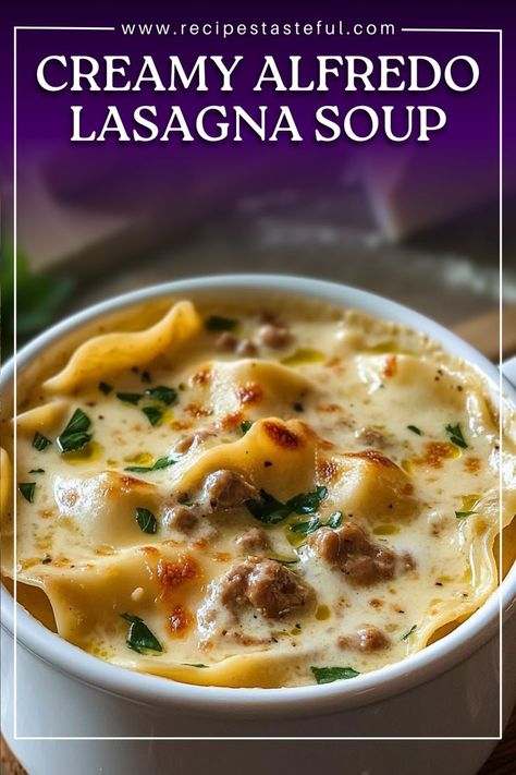 This Creamy Alfredo Lasagna Soup combines the comforting flavors of traditional lasagna with a creamy, rich broth. Made with Italian sausage, tender noodles, and melted cheese, this dish is perfect for a cozy family dinner. It's easy to prepare and sure to be a hit with everyone at the table! Alfredo Lasagna Soup, Lasagna Soup Crockpot, Crock Pot Lasagna Recipe, Alfredo Lasagna, Light Soups, Lasagna Soup Recipe, Crockpot Lasagna, Traditional Lasagna, Steak And Shrimp