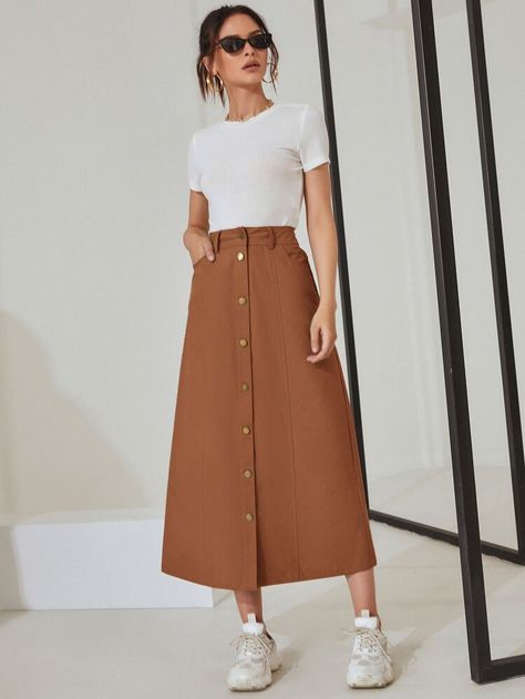 Free Returns ✓ Free Shipping On Orders $49+ ✓. High Waist Button Front Skirt- Skirts at SHEIN. High Waist Beige Skirt With Button Closure, Brown Cotton Skirt With Buttons, Summer Knee-length Skirt With Button Closure, High Waist Brown Skirt With Button Closure, Button Skirt Outfit, High-waist Beige Skirt With Button Closure, Styling 101, Button Front Skirt, Gored Skirt