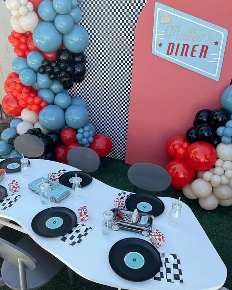 c r e a t e & i n f l a t e | order up — at Matteo’s Diner •• we loved this unique retro drive-in theme for a birthday ♥️ Design & Coordination: @createandinflateevents… | Instagram 1950s Birthday Party Theme, Tri Delta Philanthropy, Retro Theme Party Decoration, 1950s Party Decorations, Sci Fi Party, Carpet Ball, Grease Theme, Retro Theme Party, Boys Birthday Party Themes