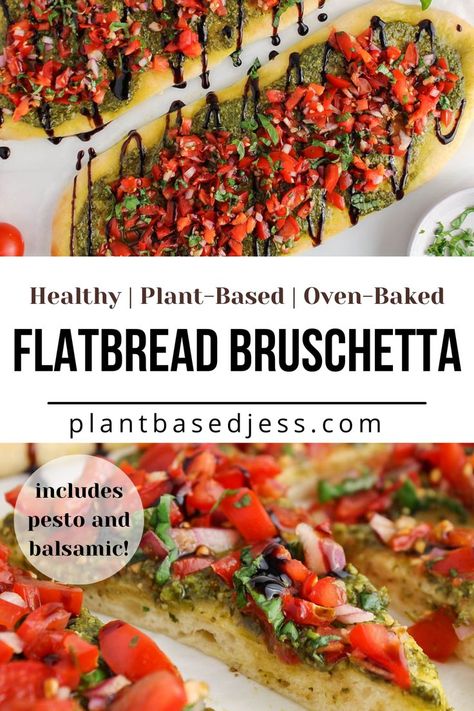 View on a vegan flatbread bruschetta on parchment paper. Bruschetta Dinner, Vegan Flatbread Pizza, Vegan Flatbread Recipes, Vegetarian Flatbread, Tomato Topping, Flatbread Toppings, Vegetable Flatbread, Pesto Flatbread, Healthy Flatbread