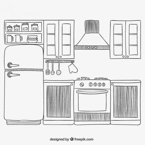 Hand drawn kitchen Free Vector Simple Kitchen Drawing, Kitchen Drawing Easy, Kitchen Drawing Ideas, House Drawing Ideas, Vector House, Kitchen Drawing, House Colouring Pages, Quiet Book Patterns, Paper Doll House