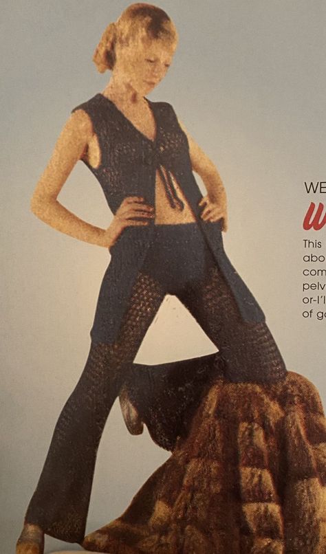 a vintage image of a woman kneeling on a fur stool. she has her hands on her hips and she is wearing a matching navy blue crochet outfit with long pants and a tied up tank top. Vintage Woman Aesthetic, Two Piece Crochet Outfit, Two Piece Crochet, Trendy Bathing Suits, Swimsuit Pants, Crochet Net, Crochet Outfit, Woman Aesthetic, Oversized Jean Jacket