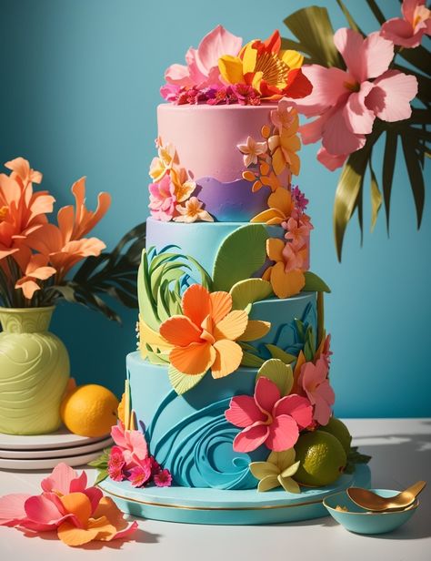 Moana Inspired Cake, Beyoncé Bday, Sunset Birthday Cake, Tropical Flower Cake, Hawaiian Cakes, Couple Retreat, Moana Cakes, 2d Cake, Tropical Cakes