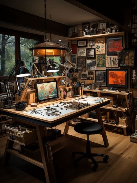 Office And Workshop Space, Adventure Office Decor, Van Neistat Studio, Artist Office Space, Art Desk Setup, Workshop Bedroom, Command Room, Workshop Desk, Cluttered Desk