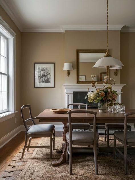 Behr Creamy Mushroom Kitchen With Taupe Walls, Tan Dining Room Walls, Behr Paint Colors Dining Room, Mushroom Color Exterior House, Behr Wild Truffle, Behr Mesa Taupe, Brown Dining Room Walls, Cool Beige Sherwin Williams, Aged Beige Behr