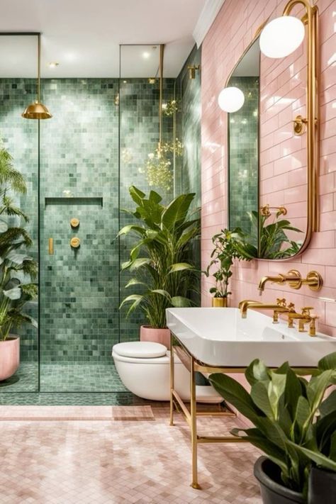 Pink Tiled Bathroom, Green And Pink Bathroom, Baie Vintage, Tiled Bathroom, Bathroom Design Decor, Bathroom Inspiration Decor, Bathroom Inspo, Green Bathroom, Dream House Interior