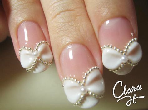 Adorable Wedding Day Nails, Bow Nail Art, Wedding Manicure, Bow Nail, Her Nails, Wedding Nails Design, Nail Art Wedding, Get Nails, I Love Nails