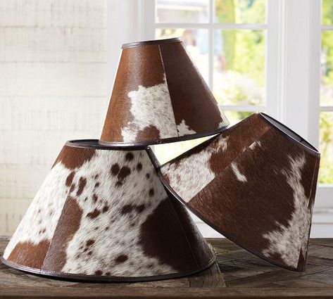 Lighting - PB Basic Cowhide Lamp Shade | Pottery Barn - cowhide lampshade, cowhide lamp shade, brown and white cowhide lampshade, Western Lamps, Cowhide Decor, Cowhide Furniture, Western Bedroom Decor, Western Bedroom, Large Floor Lamp, Western Furniture, Southwest Decor, Western Homes