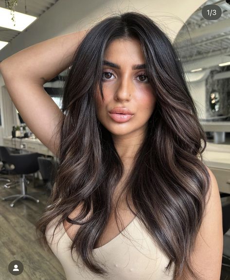 Root Smudge Black To Brunette, Dark Brown Hair Balayage Long Curtain Bangs, Halo Highlights Black Hair, Cool Highlights On Dark Hair Brunettes, Cosmetology Interview Outfit, Cool Brown Balayage Brunettes, Ashy Chocolate Brown Hair Balayage, Dark Hair With Depth, Mushroom Brown Asian Hair