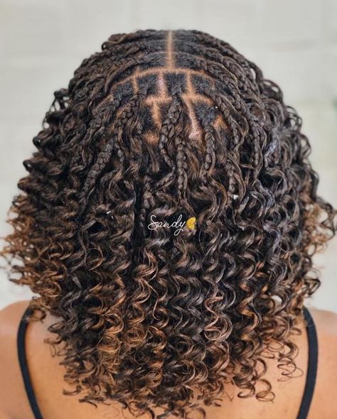 Curly Knotless Bob Braids with Highlights Braided Curly Bob, How To Style Short Curly Braids, Curly Braid Bob, Knotless Bob Braids Hairstyles, Very Short Braids, Curly Braided Bob, Curly Short Braids, Curly Bob Braids, Shoulder Length Box Braids Curly Ends