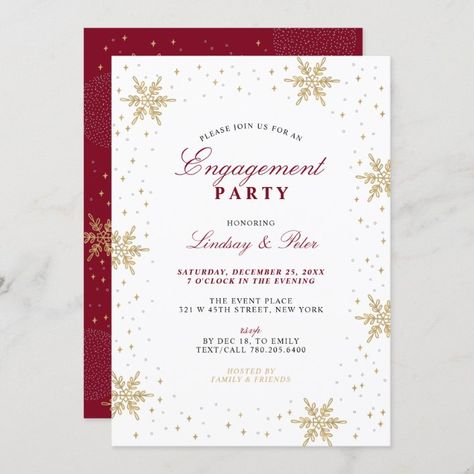 Gold & Red Winter Christmas Engagement Party Invit Invitation - Red Wedding stationery Christmas Engagement Party, Winter Engagement Party, Retro Wedding Invitations, Dinner Party Invitations, Holiday Dinner Party, Christmas Dinner Party, Christmas Engagement, Engagement Celebration, Wedding Shower Invitations