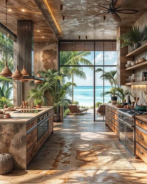 Tropical Kitchen Design, Bali Style Home, Tropical Kitchen, Modern Tropical House, Beach House Interior, Tropical House, Modern Tropical, Tropical Houses, Dream House Interior