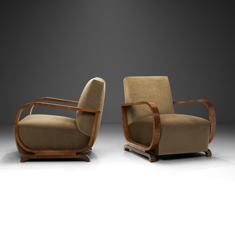 Listed on VNTG.com: Heal's Upholstered Art Deco Armchairs, United Kingdom 1930s | #vntg #vintage Art Deco Chairs, Art Deco Armchair, Art Deco Chair, Walnut Armchair, Deco Chairs, British Furniture, Art Deco Movement, Design Movements, Velour Fabric